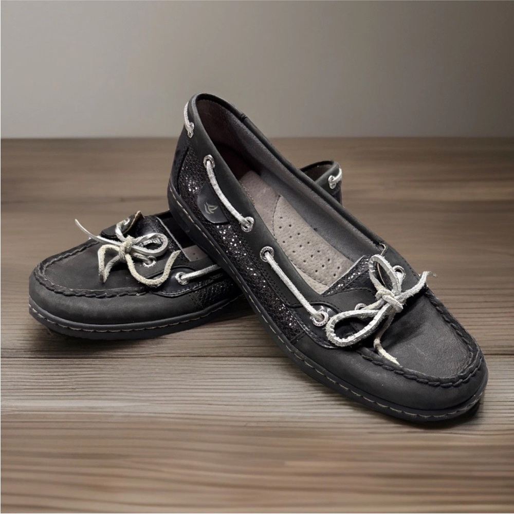 Sperry Women’s Black Leather Shoes Size 9M Topsider Boat Shoe Glitter Classic